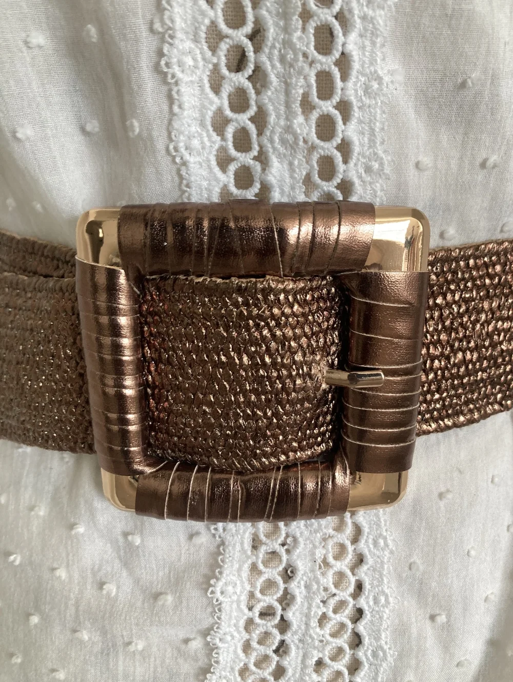 Corset Wide Woven Waist Belt Metallic Bronze Stretch Chunky Square Buckle S/M/L